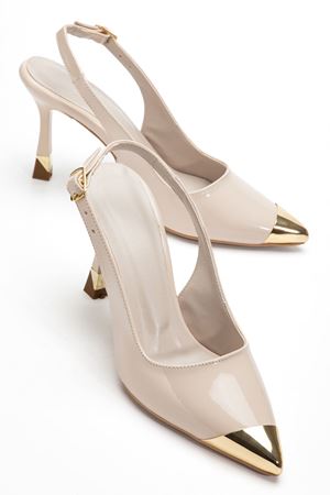 Kadın Bej Rugan Gold Burun Detaylı Özel Tasarım İnce Topuklu Stiletto