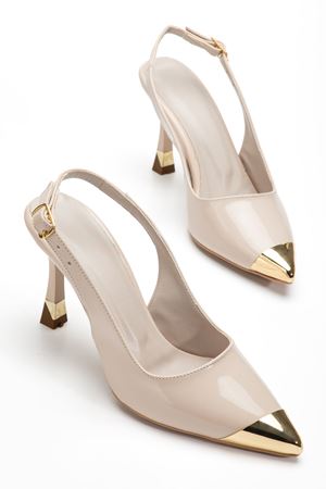 Kadın Bej Rugan Gold Burun Detaylı Özel Tasarım İnce Topuklu Stiletto