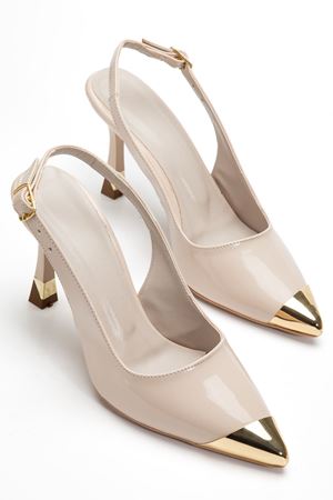 Kadın Bej Rugan Gold Burun Detaylı Özel Tasarım İnce Topuklu Stiletto