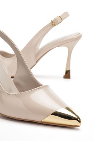 Kadın Bej Rugan Gold Burun Detaylı Özel Tasarım İnce Topuklu Stiletto