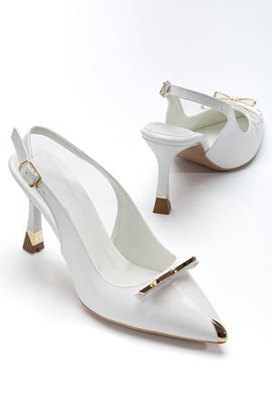 Kadın Beyaz Rugan Gold Aksesuarlı Özel Tasarım İnce Topuklu Ayakkabı