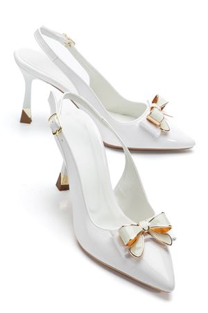 Kadın Beyaz Rugan Kurdele Detaylı Özel Tasarım İnce Topuklu Ayakkabı 