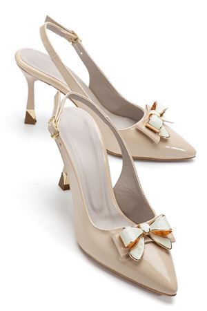 Kadın Bej Rugan Kurdele Detaylı Özel Tasarım İnce Topuklu Ayakkabı 