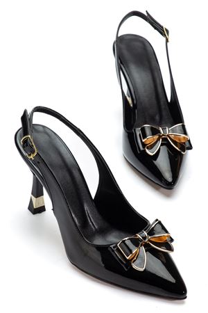 Kadın Siyah Rugan Kurdele Detaylı Özel Tasarım İnce Topuklu Ayakkabı  