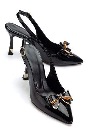 Kadın Siyah Rugan Kurdele Detaylı Özel Tasarım İnce Topuklu Ayakkabı  