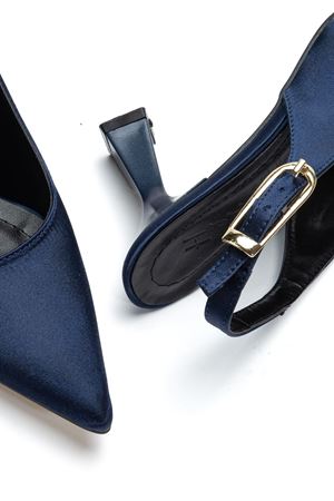 Kadın Lacivert Saten Arka Açık Sivri İnce Topuklu Ayakkabı 