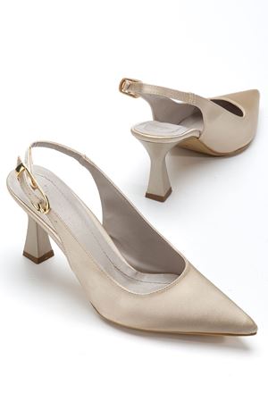 Kadın Bej Saten Arka Açık Sivri İnce Topuklu Ayakkabı 