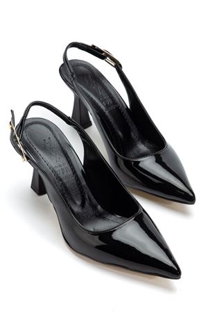 Kadın Siyah Rugan Arka Açık Sivri İnce Topuklu Ayakkabı 