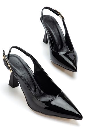 Kadın Siyah Rugan Arka Açık Sivri İnce Topuklu Ayakkabı 