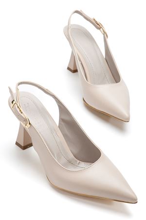 Kadın Bej Cilt Arka Açık Sivri İnce Topuklu Ayakkabı   