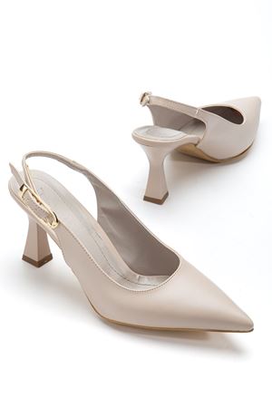 Kadın Bej Cilt Arka Açık Sivri İnce Topuklu Ayakkabı   
