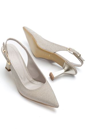 Kadın Altın Simli Arka Açık Sivri İnce Topuklu Ayakkabı   