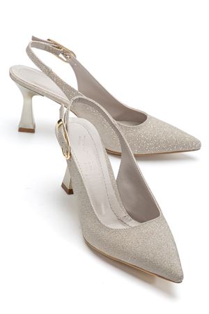 Kadın Altın Simli Arka Açık Sivri İnce Topuklu Ayakkabı   