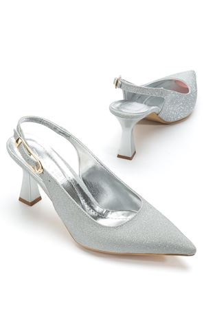 Kadın Gümüş Simli Arka Açık Sivri İnce Topuklu Ayakkabı  