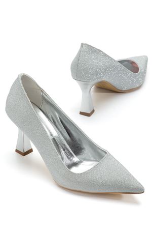 Kadın Gümüş Simli Sivri Burun İnce Topuklu Stiletto