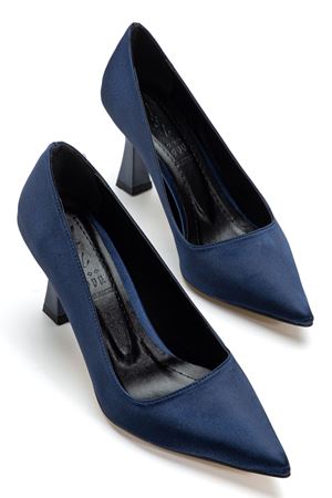 Kadın Lacivert Saten Sivri Burun İnce Topuklu Stiletto  