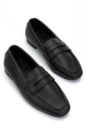 Kadın Siyah Cilt Klasik Düz Taban Hafif Ortopedik Babet