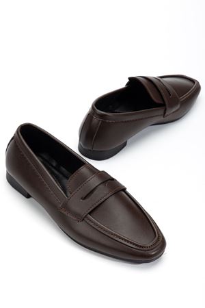 Kadın Acı Kahve Cilt Klasik Düz Taban Hafif Ortopedik Babet  