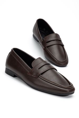 Kadın Acı Kahve Cilt Klasik Düz Taban Hafif Ortopedik Babet  