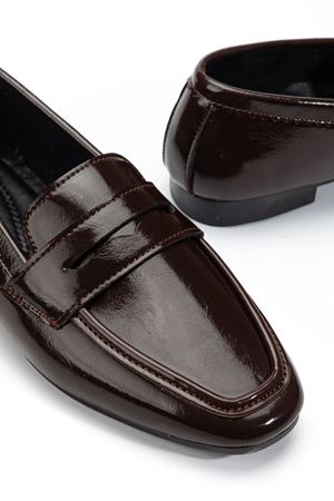 Kadın Acı Kahve Rugan Klasik Düz Taban Hafif Ortopedik Babet  