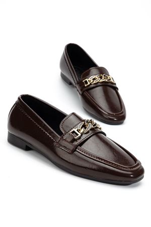 Kadın Acı Kahve Parlak Cilt Tokalı Babet    