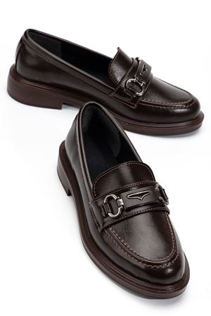 Kadın Acı Kahve Rugan Tokalı Loafer Ayakkabı