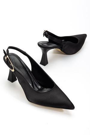 Kadın Siyah Saten Arka Açık Sivri İnce Topuklu Ayakkabı   