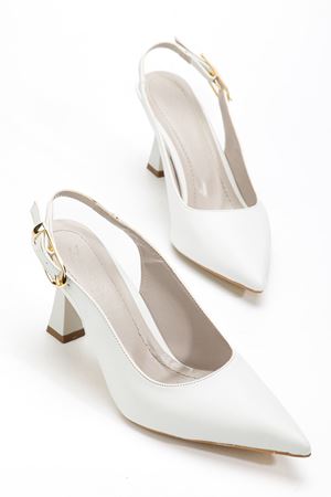 Kadın Beyaz Cilt Arka Açık Sivri İnce Topuklu Ayakkabı   