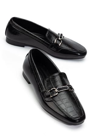 Kadın Siyah Crocodile Parlak Cilt Tokalı Babet   