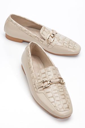 Kadın Bej Crocodile Parlak Cilt Tokalı Babet  