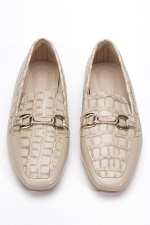 Kadın Bej Crocodile Parlak Cilt Tokalı Babet  