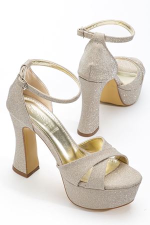 Kadın Gold Simli Platform Topuklu Abiye Ayakkabı 