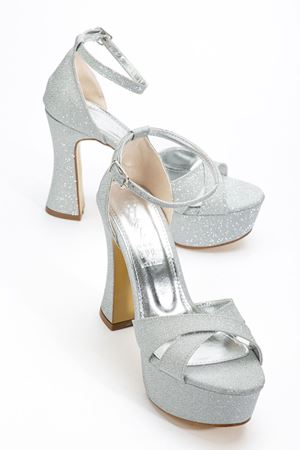 Kadın Gümüş Simli Platform Topuklu Abiye Ayakkabı  