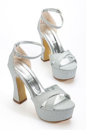 Kadın Gümüş Simli Platform Topuklu Abiye Ayakkabı  