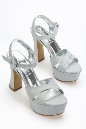 Kadın Gümüş Simli Arka Açık Platform Topuklu Abiye Ayakkabı 