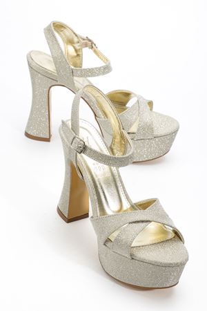 Kadın Gold Simli Arka Açık Platform Topuklu Abiye Ayakkabı 