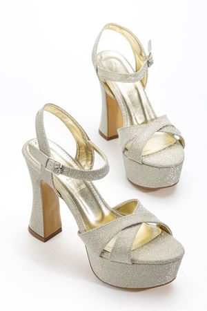 Kadın Gold Simli Arka Açık Platform Topuklu Abiye Ayakkabı 