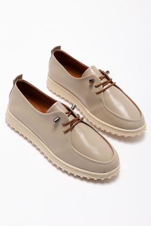 Kadın Bej İçi Hakiki Deri Bağcıklı Ortopedik Babet
