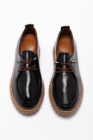 Kadın Siyah İçi Hakiki Deri Bağcıklı Ortopedik Babet