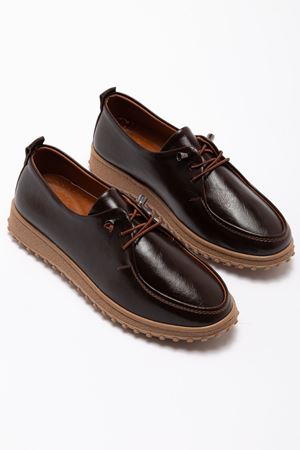 Kadın Kahve İçi Hakiki Deri Bağcıklı Ortopedik Babet 