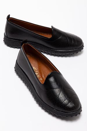 Kadın Siyah Hakiki Deri Ortopedik Babet 