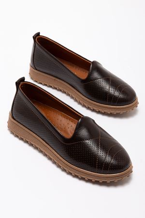 Kadın Acı Kahve İçi Hakiki Deri Ortopedik Babet 