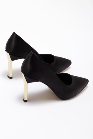 Kadın Siyah Saten Gold Ökçe Sivri Burun İnce Topuklu Stiletto