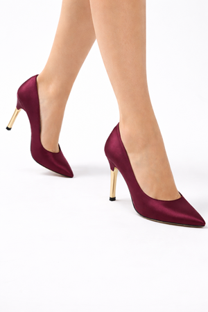 Kadın Bordo Saten Gold Ökçe Sivri Burun İnce Topuklu Stiletto 