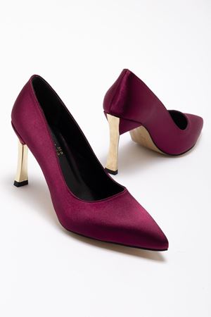 Kadın Bordo Saten Gold Ökçe Sivri Burun İnce Topuklu Stiletto 