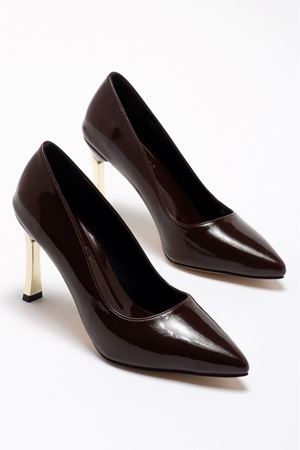 Kadın Acı Kahve Rugan Gold Ökçe Sivri Burun İnce Topuklu Stiletto