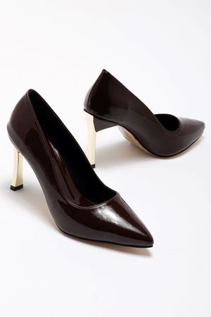 Kadın Acı Kahve Rugan Gold Ökçe Sivri Burun İnce Topuklu Stiletto