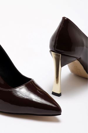 Kadın Acı Kahve Rugan Gold Ökçe Sivri Burun İnce Topuklu Stiletto