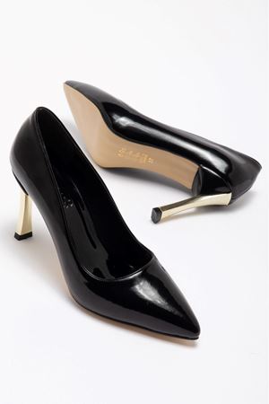 Kadın Siyah Rugan Gold Ökçe Sivri Burun İnce Topuklu Stiletto