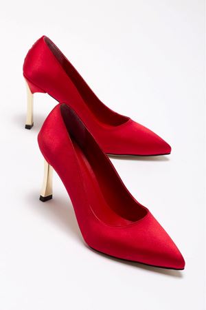Kadın Kırmızı Saten Gold Ökçe Sivri Burun İnce Topuklu Stiletto